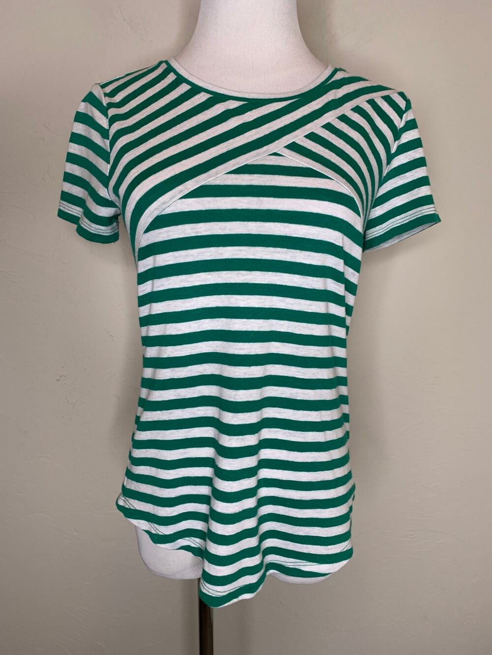 Talbots Green Striped T Shirt Sz XS Linen Blend Preppy Coastal